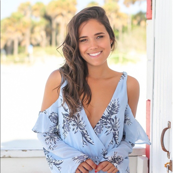 ☀️ Romper - cold shoulder, light blue, tropical print - Picture 1 of 13